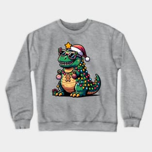 Tree-Rex Holiday Dinosaur - Christmas Tree T-Rex TreeRex Pun with Santa Hat, Lights and Ornaments Crewneck Sweatshirt